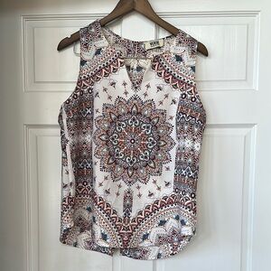 White and Brown Sleeveless Blouse with Medallion Print